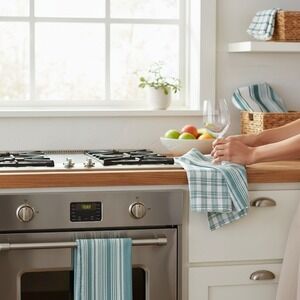 DII Woven Dishtowel Set 5pc Teal Stripe Plaid Farmhouse Kitchen New